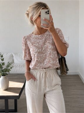 Zara Basic Tropical Leaf Print Blouse | Cream and Taupe | Size XS